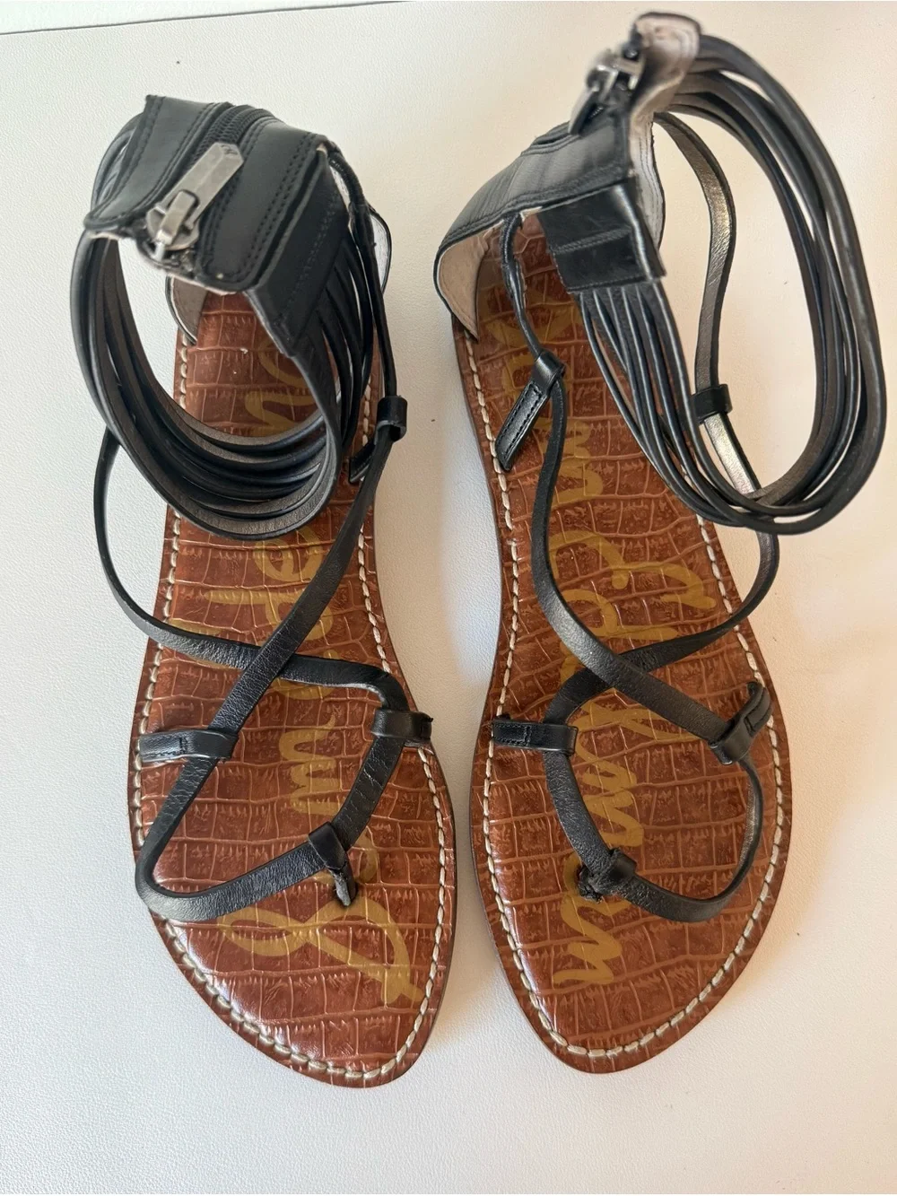 Sam Edelman Black Leather Ginette Gladiator Sandals Ankle Wrap Boho Festival - Picture 11 of 12